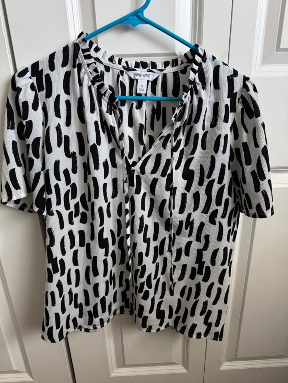 Nine West Black and White Brushstroke Tie-Front Blouse